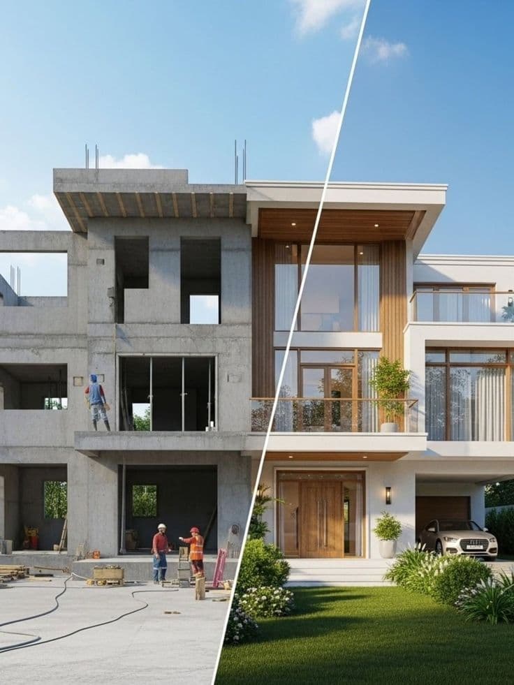 Before and after view of a house: concrete construction on the left, finished modern home on the right