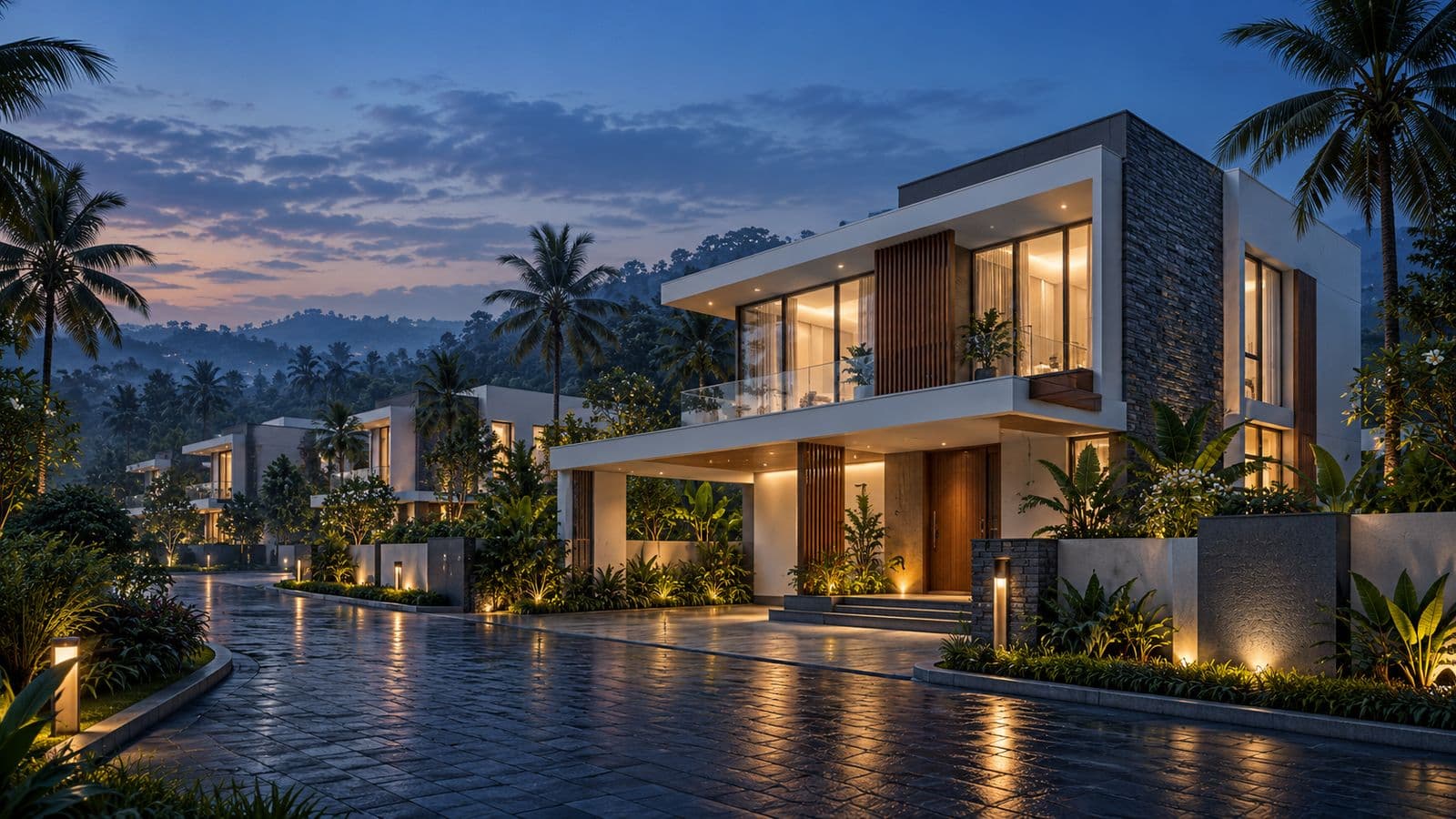 Modern villa at dusk with warm lit windows, tropical landscaping and a wet paved driveway