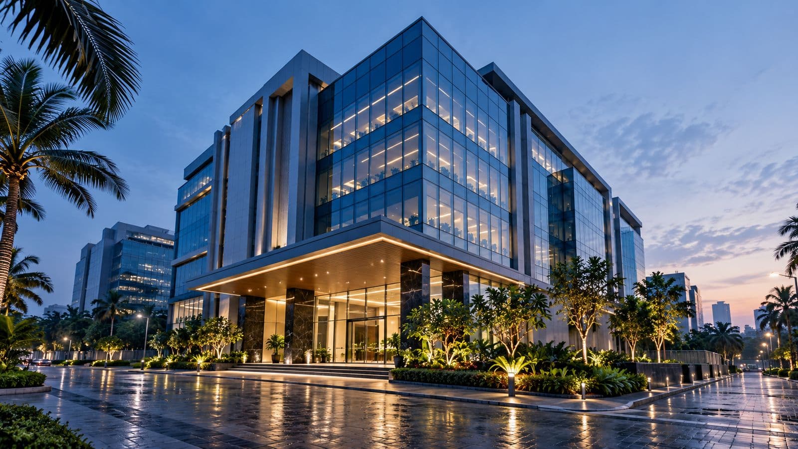Modern glass office building at dusk with a lit lobby and landscaped plaza